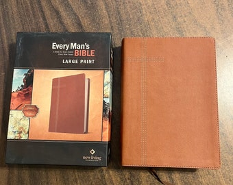 Personalized NLT Large Print Every Mans Devotional Bible - Tan Brown LeatherLike - Custom Imprinted, name engraved bible