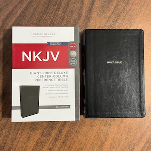 Personalized NKJV Giant Print Center Column Reference Bible - Black Leathersoft, Custom Imprinted, ISBN 9780785217817, large print