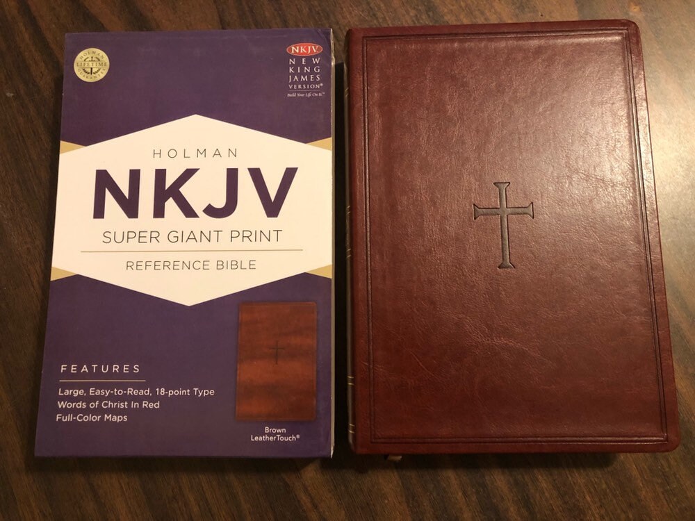 PERSONALIZED ** NKJV Super Giant Print Bible Indexed Brown Leathertouch ** Custom Imprinted