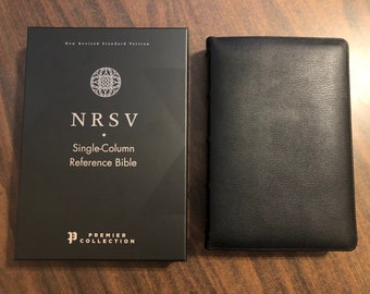 Personalized NRSV Single Column Reference Bible - Black Premium Goatskin Genuine Leather, Custom Imprinted - Raised Spine Hubs, Wide Margin