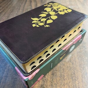 May include: A brown leather-bound journal with gold-gilded edges and a gold floral design on the cover. The journal is closed and sitting on a green and pink box.