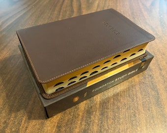 Personalized KJV Foundation Study Bible Thumb Indexed - Brown Leathersoft ** Custom Imprinted