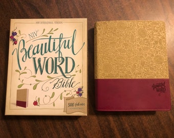 Personalized NIV Beautiful Word Bible - Taupe / Cranberry Duotone ** Custom Imprinted, bible with journaling space, art journaling bible
