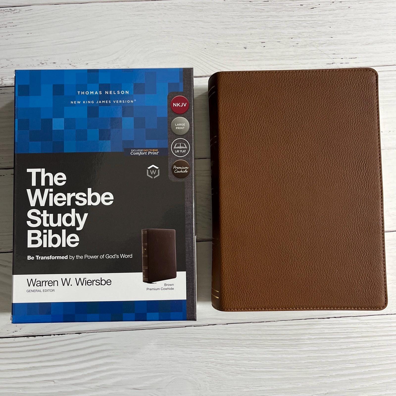 Personalized NKJV Wiersbe Study Bible - Brown Cowhide Genuine Leather - Custom Imprinted engraved with name Large 9.5 pt print 9780785221050