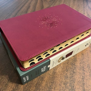 Personalized NLT Personal Size Giant Print Bible Thumb Indexed - Cranberry LeatherLike - Custom Imprinted with name engraved, 9781496460905