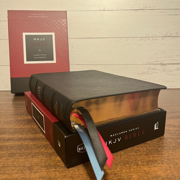 Personalized NKJV Large Print Reference Bible - Black Goatskin Premium Genuine Leather, Maclaren Series, Imprinted, Verse by Verse Edition