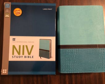 PERSONALIZED NIV Large Print Study Bible - Turquoise DuoTone  Custom Imprinted