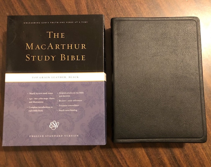 PERSONALIZED  ESV Macarthur Study Bible - Black Top Grain Genuine Leather  Custom Imprinted