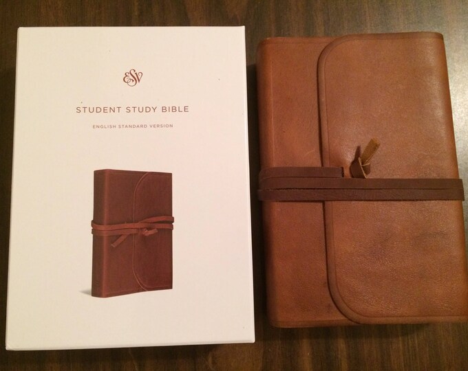 Personalized ESV Student Study Bible - Brown Natural Genuine Leather with Flap  Custom Imprinted