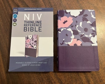 Personalized NIV Thinline Reference Bible - Purple / Floral Duotone ** Custom Imprinted with name