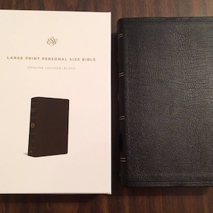 Personalized ESV Large Print Personal Size Bible - Black Genuine Leather - Custom Imprinted with a name 9781433541520
