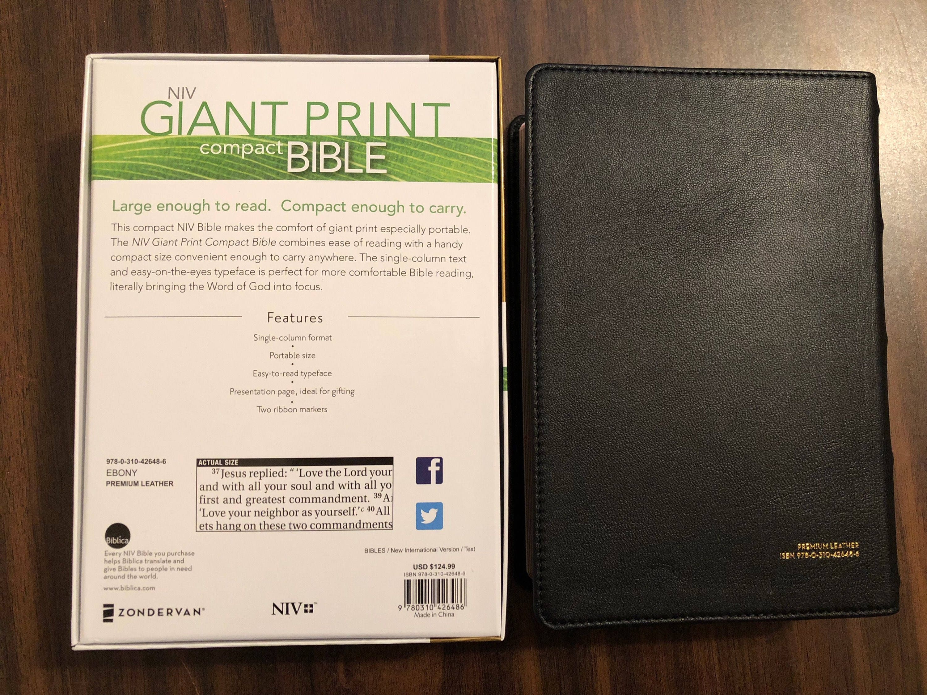 Personalized Niv Giant Print Compact Bible Ebony Premium Genuine