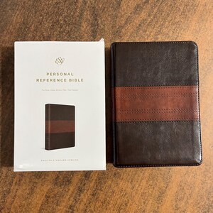 Personalized ESV Personal Size Reference Bible - Deep Brown / Tan Trutone Cover - Custom Imprinted with a name 9781433557804