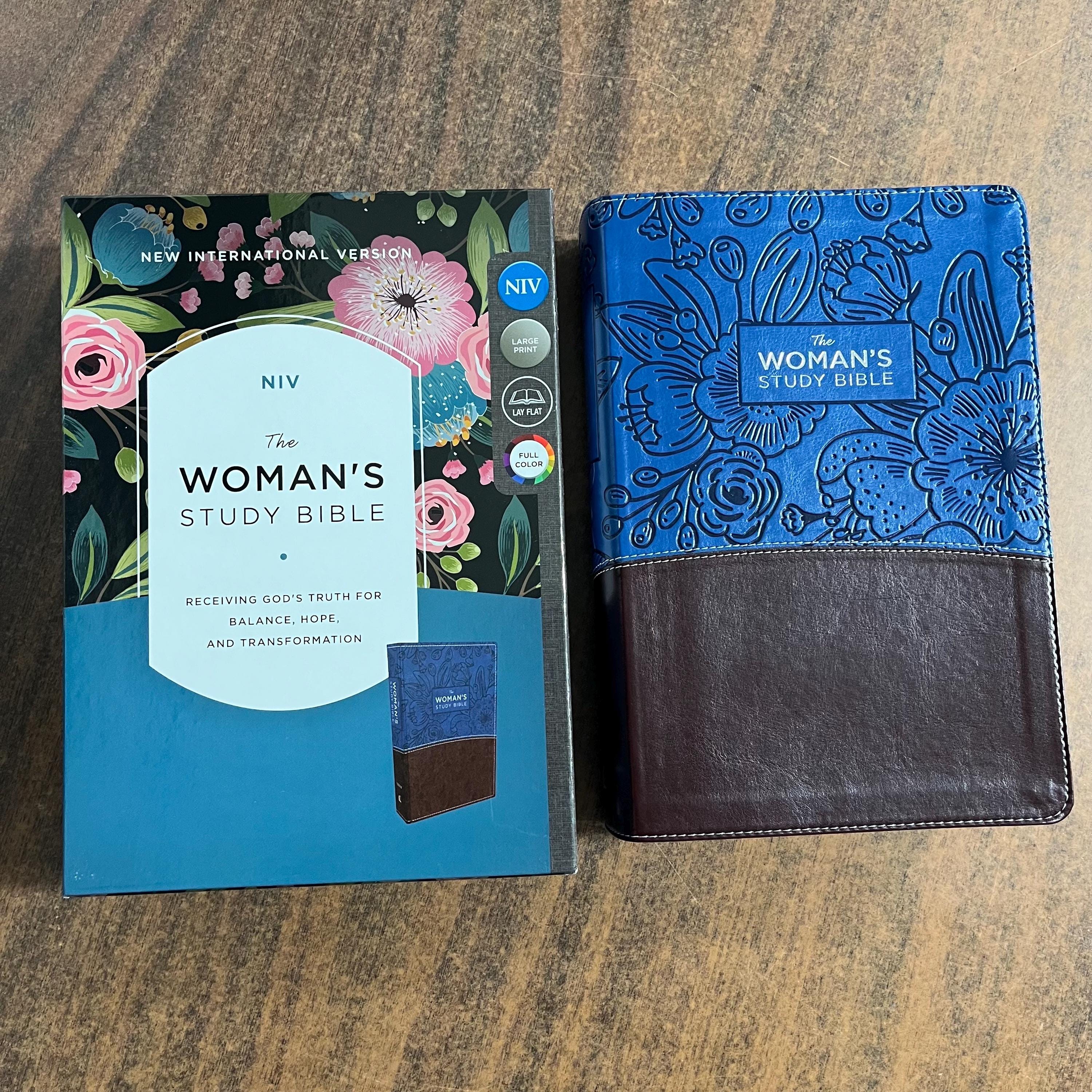 Personalized NIV Womans Study Bible Large Print - Blue / Brown LeatherSoft,  Custom Imprinted with name, 9780785215110