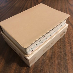 May include: A beige Bible with a matching cover, resting on a beige box. The Bible has labeled tabs and a stitched cover. The box has the text "She Reads Truth" printed on it. The items are on a dark wooden surface.