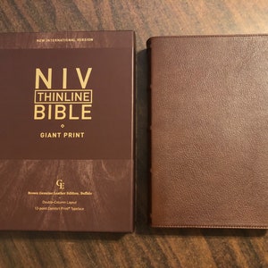 Personalized NIV Giant Print Thinline Bible - Brown Genuine Buffalo Leather Custom Imprinted, Raised Spine Hubs