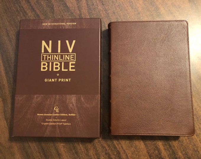 Personalized NIV Giant Print Thinline Bible - Brown Genuine Buffalo Leather Custom Imprinted, Raised Spine Hubs