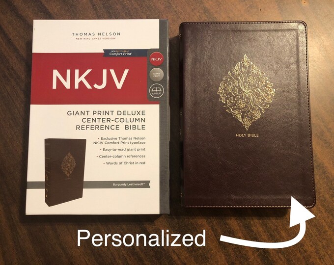 PERSONALIZED ** NKJV Giant Print Center Column Reference Bible - Burgundy Leathersoft ** Custom Imprinted