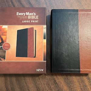 Personalized Mens Bible, NIV Large Print Every Mans Devotional Bible - Black / Tan TuTone - Custom Imprinted, name engraved bible