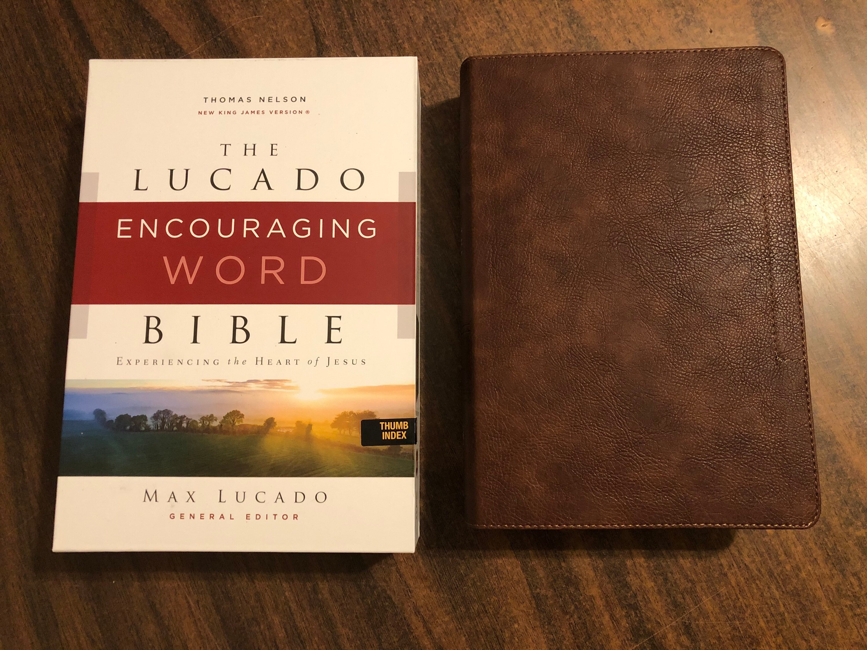 Personalized NKJV Max Lucado Encouraging Word Study Bible Indexed Brown LeatherSoft Cover