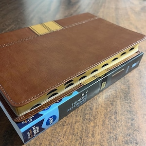 Personalized NIV Thinline Reference Bible Thumb Indexed - Brown LeatherSoft, custom imprinted with name 9780310462712