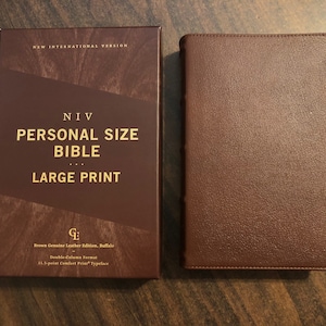 Personalized NIV Large Print Personal Size Bible - Brown Genuine Buffalo Leather Custom Imprinted, Raised Spine Hubs