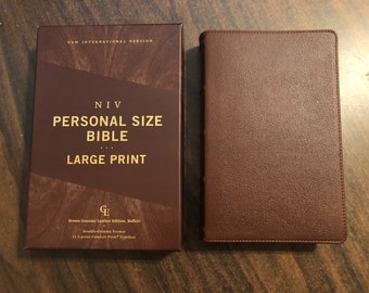 Personalized NIV Large Print Personal Size Bible - Brown Genuine Buffalo Leather Custom Imprinted, Raised Spine Hubs