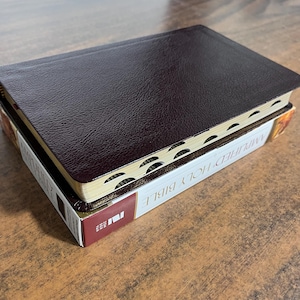 Personalized Amplified Bible Thumb Indexed with book tabs - Burgundy Bonded Leather, custom imprinted with name, 9780310443957