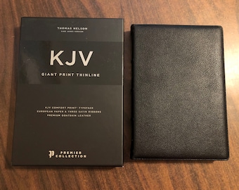 Personalized KJV Giant Print Thinline Bible - Black Genuine Goatskin Leather, Custom Imprinted, Raised Spine Hubs Premier Edition Collection