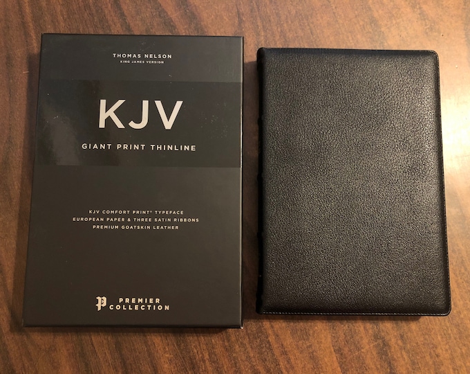 Personalized KJV Giant Print Thinline Bible - Black Genuine Goatskin Leather, Custom Imprinted, Raised Spine Hubs Premier Edition Collection