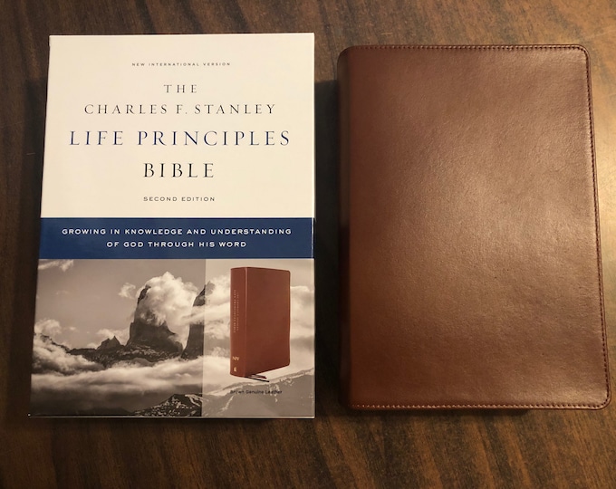 Personalized NIV Charles Stanley Life Principles Study Bible - Brown Genuine Leather, Custom Imprinted