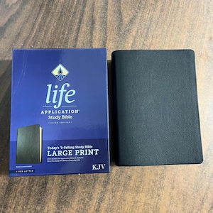 Personalized KJV Large Print Life Application Study Bible - Black Genuine Leather, Custom Imprinted with name 9781496477484
