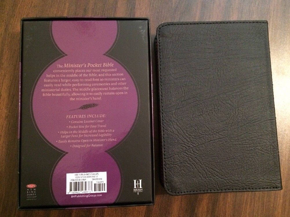 PERSONALIZED ** NKJV Ministers Pocket Compact Bible Black Genuine Leather ** Custom Imprinted