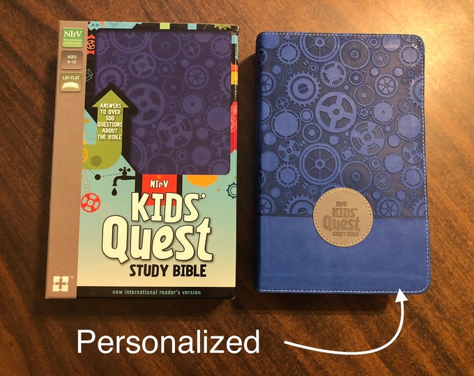 PERSONALIZED NIRV Kids Quest Study Bible - Blue Duo Tone  ** Custom Imprinted