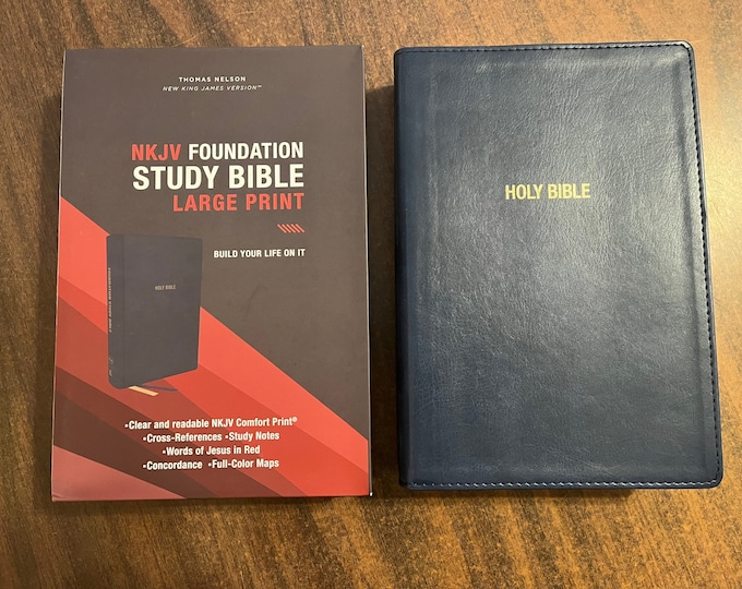 Personalized NKJV Large Print Foundation Study Bible - Dark Blue LeatherSoft,  Custom Imprinted with name, 11 pt font