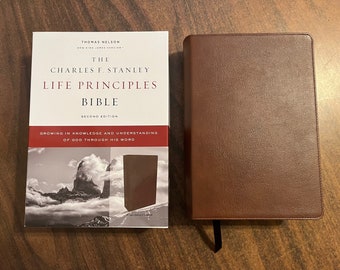 Personalized NKJV Charles Stanley Life Principles Study Bible - Brown Genuine Leather, Custom Imprinted