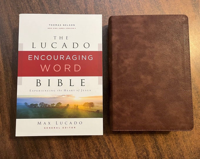 Personalized  NKJV Max Lucado Encouraging Word Study Bible - Brown LeatherSoft Cover Custom Imprinted with name