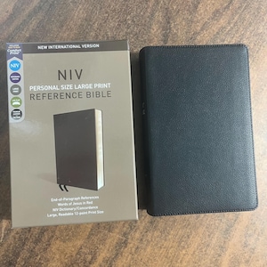 Personalized NIV Large Print Personal Size Reference Bible - Black Calfskin Premium Genuine Leather - Custom Imprinted name, 9780310449768