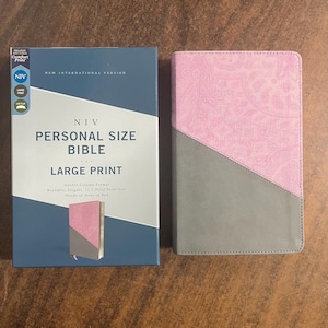 Personalized NIV Large Print Personal Size Bible - Pink / Gray LeatherSoft - Custom Imprinted with name 9780310454298