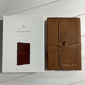 Personalized ESV Thinline Bible - Brown Natural Genuine Leather with Flap  Custom Imprinted, ISBN 9781433553417