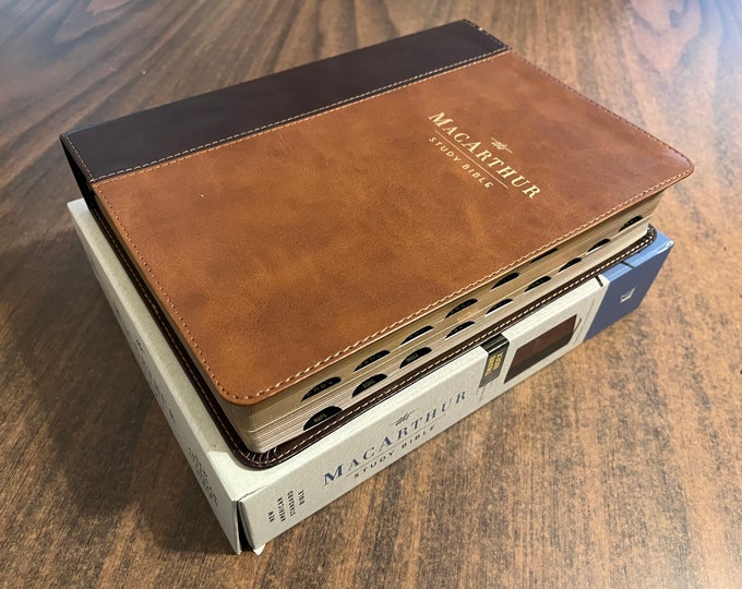 Personalized NASB MacArthur Study Bible Thumb Indexed, Brown LeatherSoft, ISBN 9780785230328