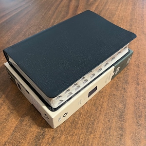 Personalized NLT Personal Size Giant Print Bible Thumb Indexed - Navy Blue Genuine Leather - Custom Imprinted with name engraved