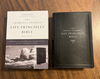 Personalized NASB Charles Stanley Life Principles Study Bible - Black LeatherTouch  Custom Imprinted with name NASB 1995