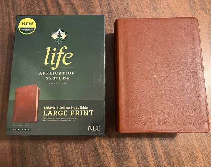 Personalized NLT Large Print Life Application Study Bible - Brown Genuine Leather - Custom Imprinted with Name