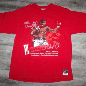 Camiseta de manga corta roja con estampado del logotipo de las estadísticas del boxeador retro de Muhammad Ali para hombre, talla XL, ropa vintage de los años 90