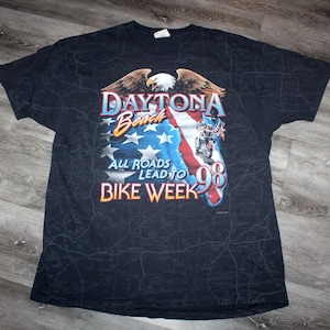 Vintage 90er Kleidung Motorrad Daytona Bike Week Florida Herren Größe XL / Oversized Damen 1998 All Over Print Karte Biker Kurzarm T-Shirt