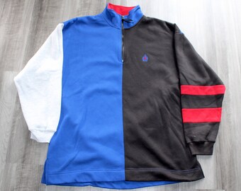 Vintage 90s Clothing Bugle Boy Co Men Size XL / Oversized Women Retro Color Block Spell Out Logo Long Sleeve Quarter Zip Pullover Sweatshirt