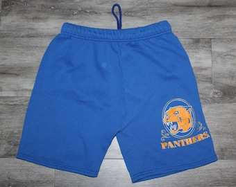 Vintage 90er Jahre Kleidung Universität von Pittsburgh Pitt Panthers Männer Größe Kleine Retro Logo Über dem Knie Basketball Athletisch Fleece Sweat Shorts