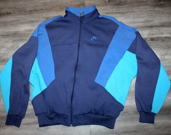 Roupa vintage dos anos 80/90, Nike Air Sportswear masculina, tamanho G, retrô, etiqueta cinza, listrada, blocos de cores, logo Swoosh, jaqueta esportiva.