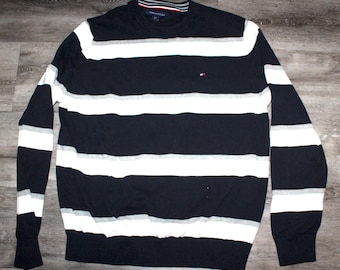Vintage 2000s Clothing y2k Tommy Hilfiger Men Size Medium Retro Embroidered Logo Lightweight Long Sleeve Pullover Knitted Striped Sweater
